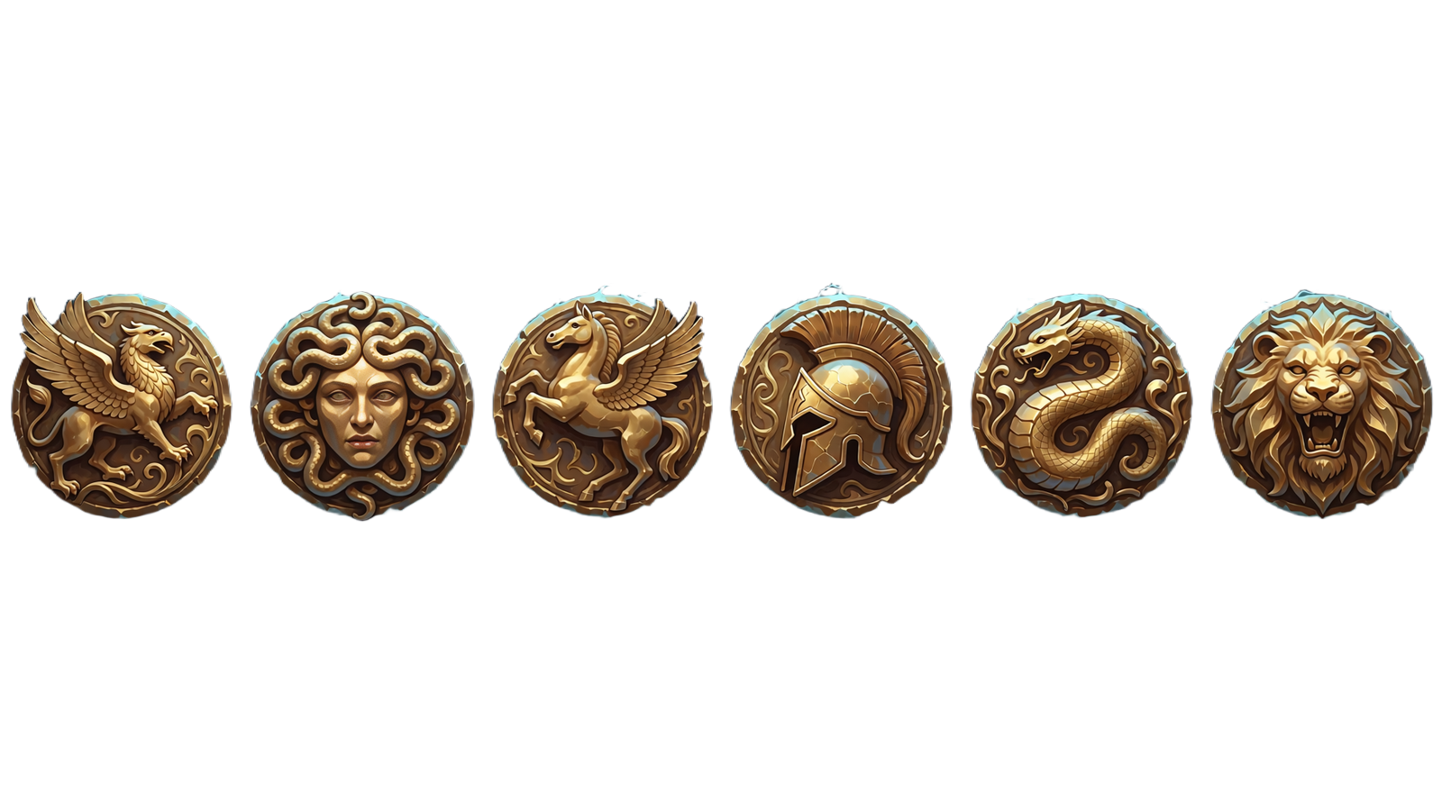 Sześć złotych emblemat&oacute;w mitologicznych: gryf, gorgona, pegaz, hełm, wąż morski i lew - motywy automat&oacute;w w kasynie online