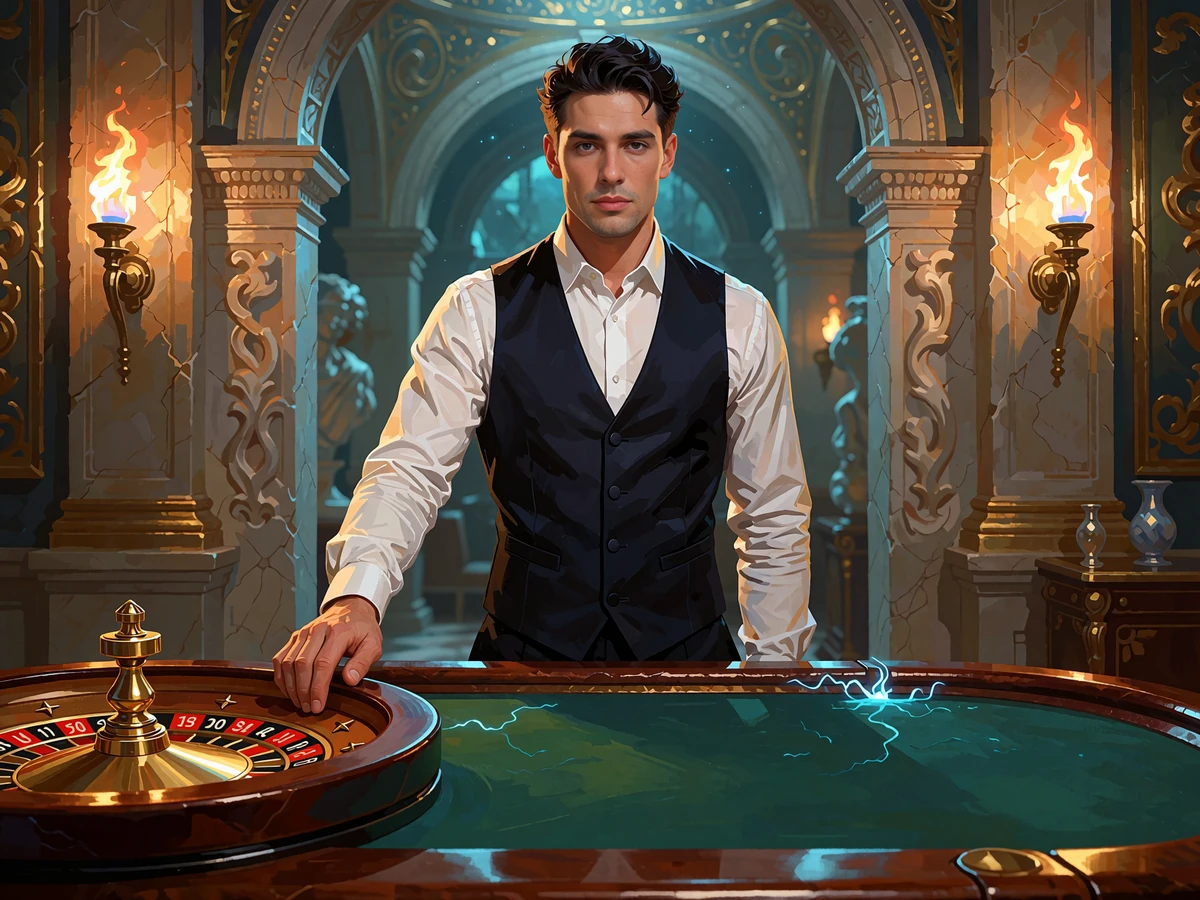 Krupier w czarnej kamizelce przy stole ruletki w marmurowym studiu z pochodniami - kasyno na żywo Hercules Casino